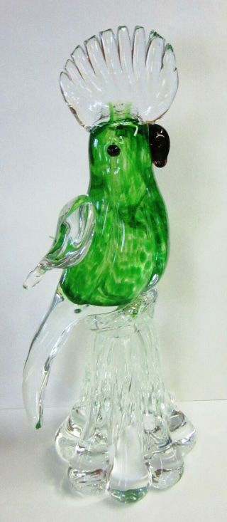 Lovely Vintage Hand Blown Art Glass Cockatoo Bird,  Green & Clear