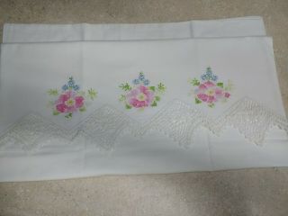 Vintage Single Pillowcase Hand Embroidered & Crocheted