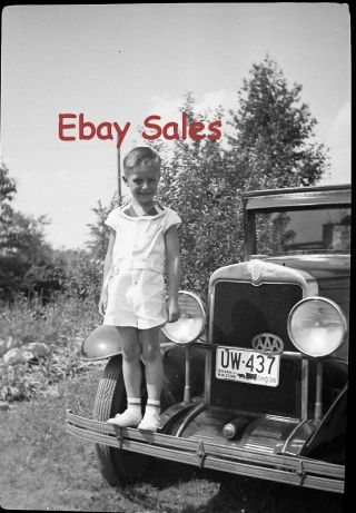 H1 - E Vintage Photo Negative - Little Boy In Front Of Car - Old