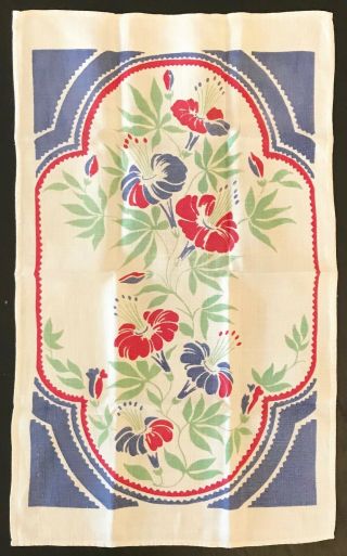 Vintage 1950s Colorful Floral Linen Kitchen Tea Towel Green Blue Red 16 X 26 "