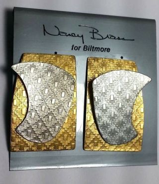 Vintage Designer Nancy Brass For Biltmore Gold & Silver Tone Pierced Earrings