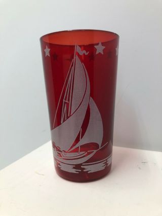 Vintage Swanky Swig Glass Red Glass With 2 White Sailboats & Stars 4 3/4 " Tall