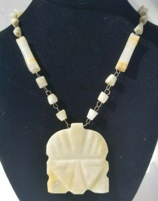Vintage Taxco Mexico Aztec Carved Onyx Stone Face Necklace