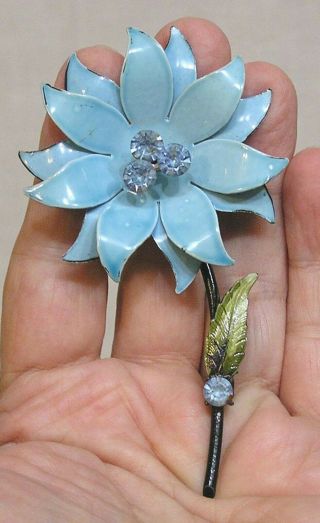 Vintage Signed Coro Flower Brooch Blue Enamel And Pale Blue Rhinestones