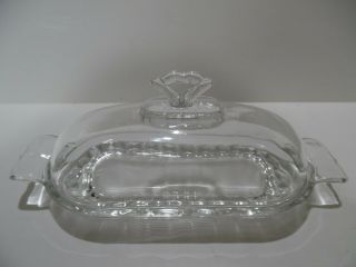 Vintage Crystal Clear Glass Covered Stick Butter Dish Scallop Edges Handled Lid