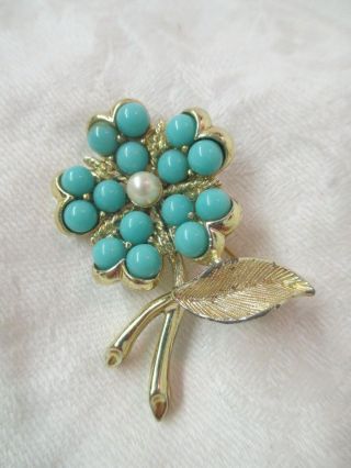 Vintage Sarah Coventry Brooch Pin Gold Tone With Turquoise & Pearl Color Beads
