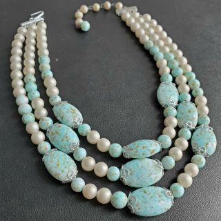Signed Japan Vintage Triple Strand Pearl & Turquoise Peking Glass Necklace Q71
