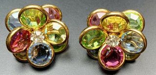 Vintage Pierced Earrings Colorful Faceted Glass Rhinestones Gold Tone