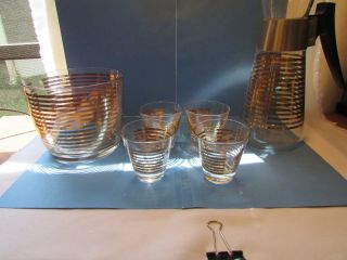 Vtg Anchor Hocking Rings Cocktail Set Jug Glass Ice Bucket - Copper Colors Bands
