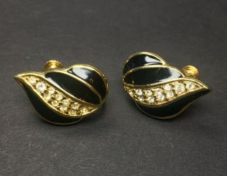 Napier Signed Vintage Screw Back Earrings Rhinestones Gold Tone Enameled Black