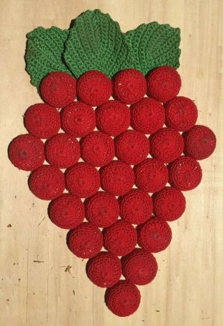 Vintage Crocheted Bottle Cap Grape Cluster Trivet Hot Pad,  Red/green Large