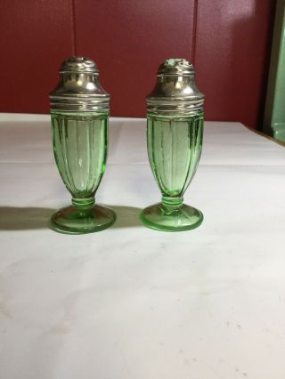 Vintage Vaseline Glass Salt & Pepper Shakers - Green Uranium Ribbed Pattern