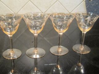 4 Vintage Pink Etched Stemmed Cordial Glasses 4 1/2 " Tall