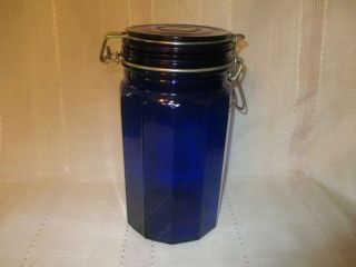 Vintage 12 Panel 8 " Tall Blue Glass Canister Jar W/wire Bale Seal