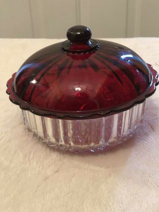 Vintage Anchor Hocking Ruby Red & Clear Glass Candy Dish