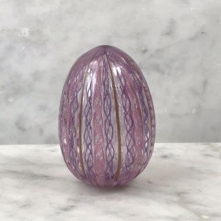 Vtg Pink Purple Filigrana Latticino Ribbon Glass Murano Style Egg Paperweight