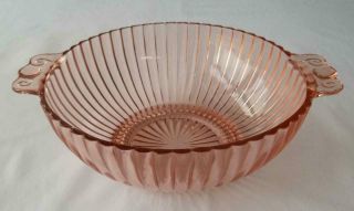 Vintage Pink Depression Glass Serving Bowl Vertical Ribs,  Tab Handles