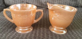 Vintage Anchor Hocking Fire King Peach Lustre Luster Cream Sugar Bowl Set Laurel