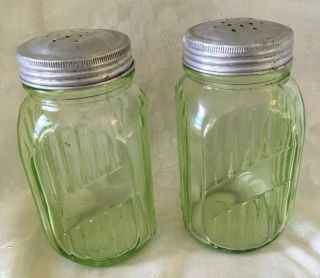 Set Of 2 Vintage Green Depression Glass Salt & Pepper Shakers Stove Top Size