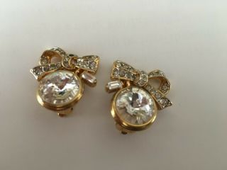 Vintage Nina Ricci Clip Earrings 1” Goldtone Bow Crystal And Rhinestone Accents