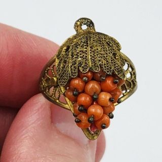 Vtg Chinese Brass Silver Filigree Coral Bunch Of Grapes Adjustable Ring