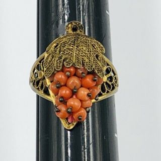 Vtg Chinese Brass Silver Filigree Coral Bunch Of Grapes Adjustable Ring 7