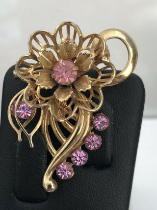Art Noveau Stunning Vintage Pink Rhinestone Goldtone Brooch Pin