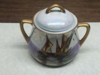 Vintage Weimar Germany Covered Sugar Bowl Irridescent Sailboats On The Water