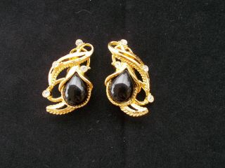 Vtg Jose Barrera Avon Gold Tone Black Rhinestone Granada Hauter Clip Earrings