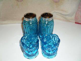 Vintage Blue L.  E.  Smith Moon And Star Pattern,  Salt & Pepper Set,  Two Toothpick
