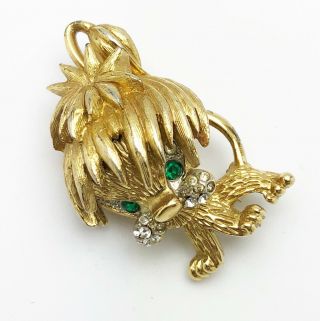 Vintage Lion Brooch Pin Gold Tone Green Clear Rhinestone Cheeks 1.  5” Cute
