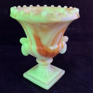 Vtg Akro Agate Orange Swirl Slag Glass Toothpick Holder Urn Uv 3.  25”