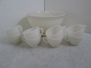 Vintage Milk Glass Punch Bowl Set W/ 8 Cups 12 " Diameter