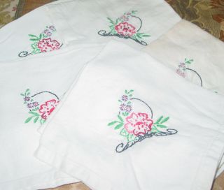 Vintage Set Of Five (5) Embroidered Flora In Basket Napkins - As Found /