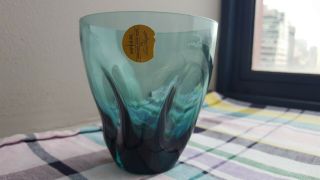 Blue Russel Wright Imperial Pinch Vintage Glass Tumbler Green Sticker Nos Water
