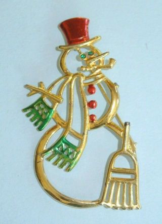 Vintage Jj Jonette Jewelry Gold Tone Enamel Frosty Snowman Christmas 3 " Brooch
