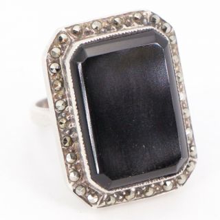 Vtg Sterling Silver - Art Deco Onyx Marcasite Statement Ring Size 7 - 12.  5g