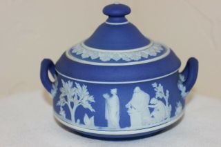 Vintage White On Dark Blue Jasperware Wedgwood Sugar Bowl,  England,