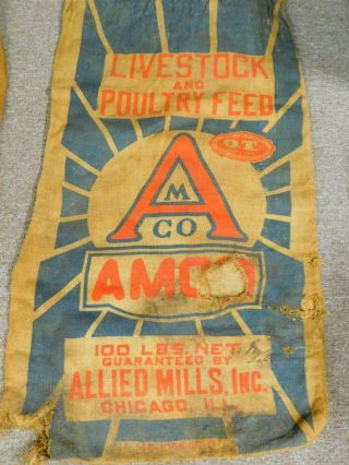 Vintage Burlap Feedsack Amco Allied Mills Livestock & Poultry Feed 100 Lb Bag