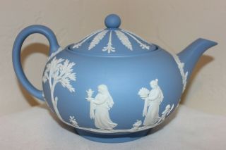 Vintage Blue & White Jasperware Wedgwood Teapot,  England,  Large,  5 ",  2