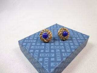 Vintage Avon Gold Tone Fashion Pierce Earrings Blue Beads Buton Design Av12