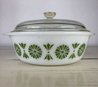 2qt Glasbake White Vintage Casserole Dish & Clear Lid Green Flower Pattern