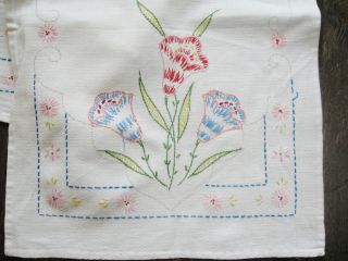 Vintage Embroidered Table Runner,  Red & Blue Trumpet Flowers,  46 " Long