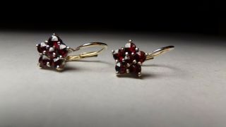 Vtg Red Garnet Rose Cut Stone Cluster 900 Gold Silver Lever Pierce Earrings