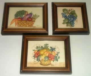 3 Vtg Theorem Paintings Sally Read Folk Art Fruit & Veggie Basket Blue Grapes