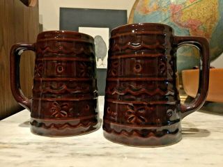 Vintage Marcrest Brown Stoneware Pottery Mugs Daisy & Dot Usa 5 " Pair