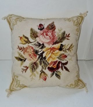 Gorgeous Vtg Hand Needlepoint Roses Pillow Cover W/ Tassels