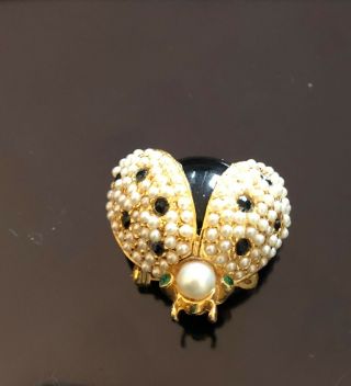 Vintage Bumble Bee Pin Brooch W/ Green Eyes Gold Tone Faux Pearl & Black Stone