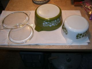 Vintage Pyrex Olive Green Crazy Daisy 474 475 Casserole Bowls