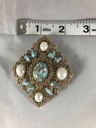 Vintage Sarah Coventry Blue Stones Faux Pearl Goldtone Brooch Pin Pendant